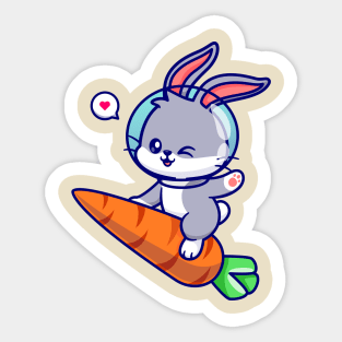 Cute Rabbit Astronaut Riding Carrot Rocket Cartoon Sticker